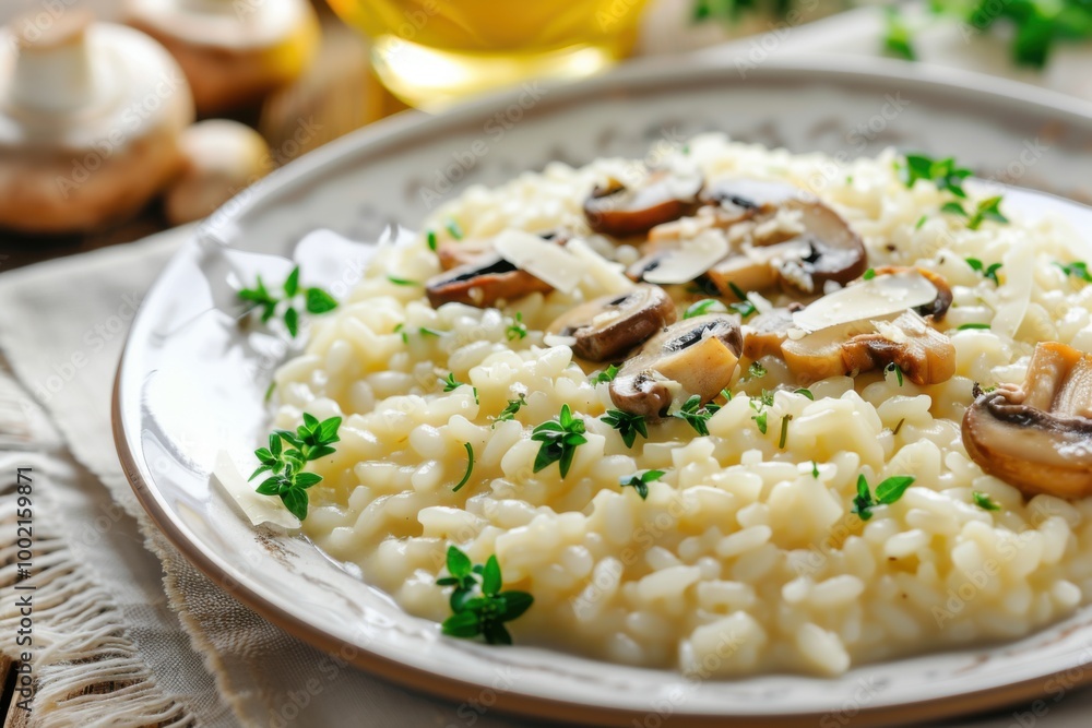 A delicious plate of creamy mushroom risotto with Parmesan cheese, garnished with fresh herbs. Copy space A delicious plate of creamy mushroom risotto with Parmesan cheese, garnished with fresh herbs. Copy space