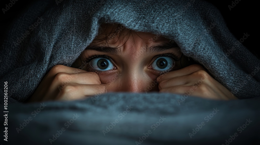 A frightened person hiding under a blanket, showcasing intense emotions in a dark environment. A frightened person hiding under a blanket, showcasing intense emotions in a dark environment.