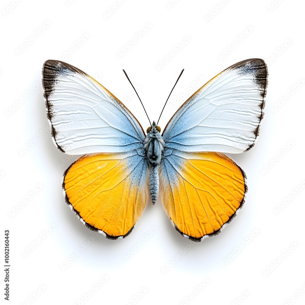 Exquisite Macro Shot of a Captivating Blue Yellow and Orange Butterfly Mid Flight on White Background Exquisite Macro Shot of a Captivating Blue Yellow and Orange Butterfly Mid Flight on White Background