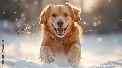 A joyful golden retriever happily runs through the snow, capturing the essence of winter fun and active companionship.