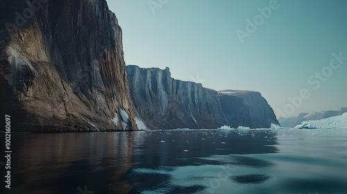 Rocky Cliffs and Icebergs in a Serene Arctic Fjord photo