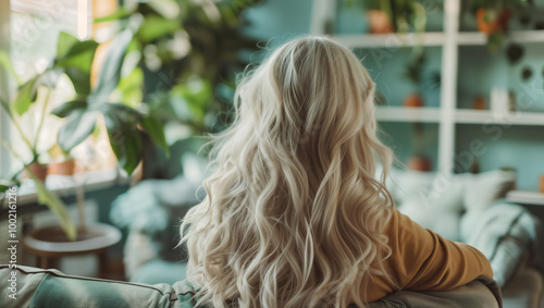 Green Home concept with relaxed stylish woman with long wavy white hair in modern sunny day at home