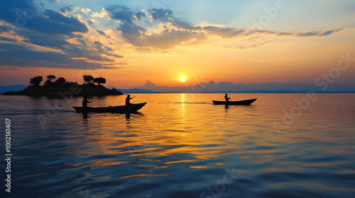 Serene Sunset Over a Lake with Silhouetted Boats