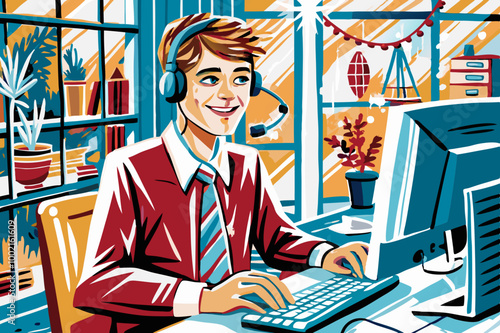 Cheerful Customer Service Representative Working at Computer Desk