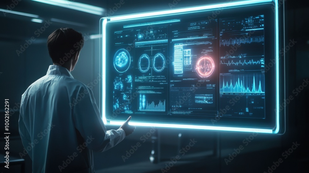 Obraz premium Futuristic healthcare technology showcasing electronic patient records, displayed on a sleek, glowing screen.