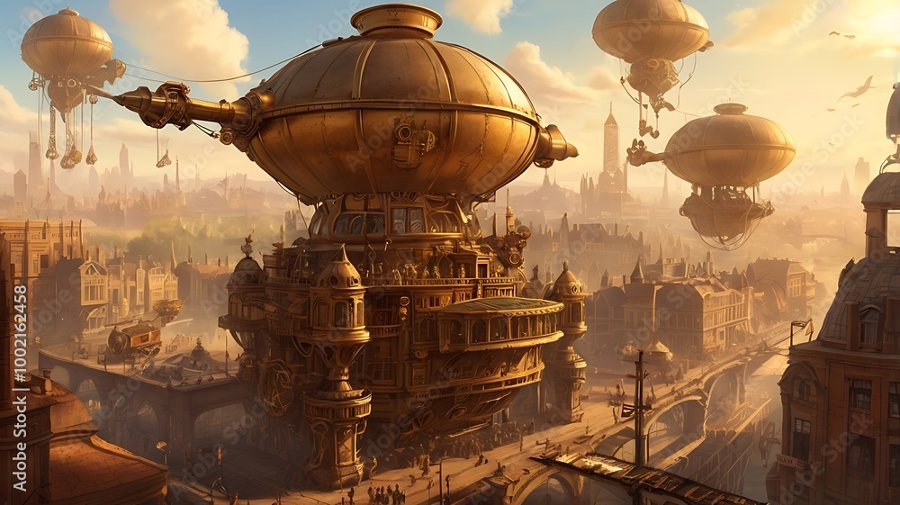 A bustling steampunk city filled with towering clockwork machines, airships floating overhead, and streets lined with gears and steam-powered contraptions, all bathed in warm golden light. A bustling steampunk city filled with towering clockwork machines, airships floating overhead, and streets lined with gears and steam-powered contraptions, all bathed in warm golden light.