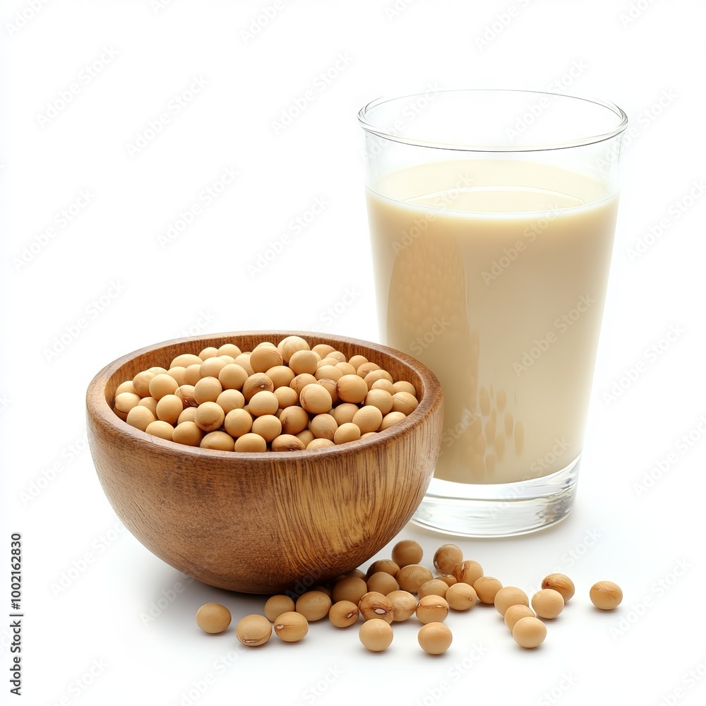 Closeup of soy beans in wooden bowl with soy milk in glass isolated on white background. Closeup of soy beans in wooden bowl with soy milk in glass isolated on white background.