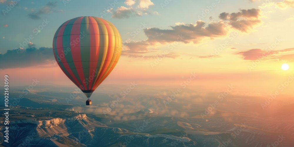 Fototapeta premium Hot Air Balloon Soaring Above Mountains at Sunset