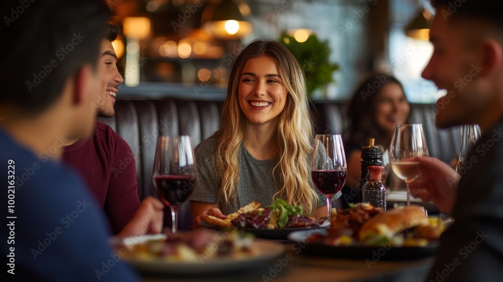 A lively dining scene with friends enjoying a meal and drinks, capturing joy and camaraderie around a table. A lively dining scene with friends enjoying a meal and drinks, capturing joy and camaraderie around a table.