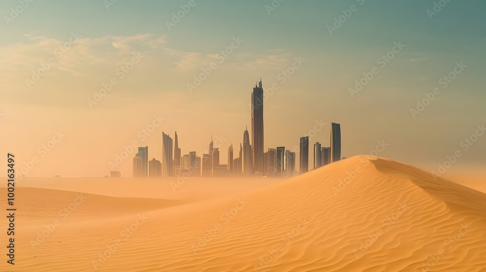 A futuristic city skyline rising from the sand symbolizing how innovation and development can thrive in unlikely environments defying conventional expectations A futuristic city skyline rising from the sand symbolizing how innovation and development can thrive in unlikely environments defying conventional expectations