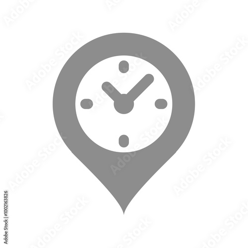 Arrival time vector icon. Clock and location pin symbol.