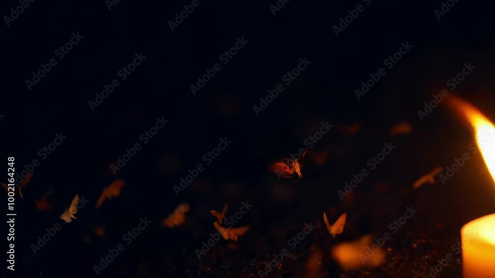 Candle flickers as moths gather in the dark at night Candle flickers as moths gather in the dark at night