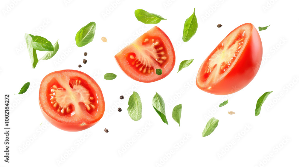 Floating Tomato with Half Slices and Green Leaves | Isolated on Transparent Background Floating Tomato with Half Slices and Green Leaves | Isolated on Transparent Background