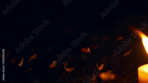 Candle flickers as moths gather in the dark at night