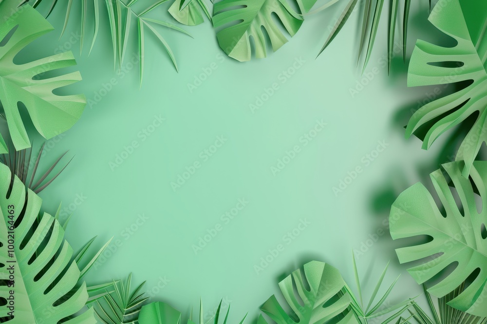 Tropical Leaves Banner Template, vibrant 3D render of paper monstera and palm leaves, lush green backdrop, perfect for jungle-themed decor and customizable text space. Tropical Leaves Banner Template, vibrant 3D render of paper monstera and palm leaves, lush green backdrop, perfect for jungle-themed decor and customizable text space.
