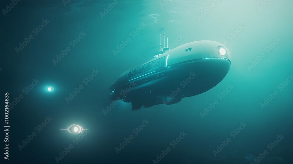 A high tech submarine navigates the mysterious and murky waters of the Bermuda Triangle encountering unidentified objects in the distance as it ventures into the unknown A high tech submarine navigates the mysterious and murky waters of the Bermuda Triangle encountering unidentified objects in the distance as it ventures into the unknown