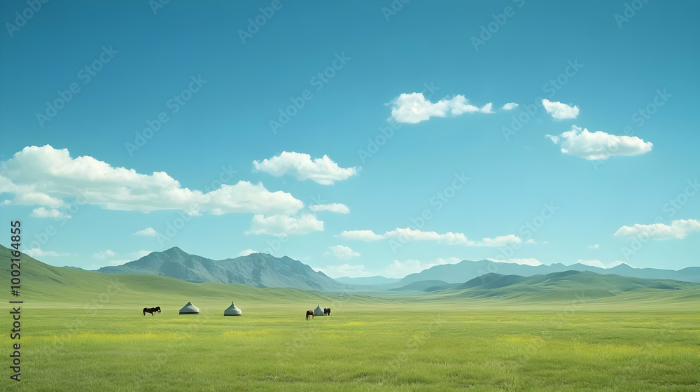 Serene Grassland Landscape with Horses and Yurts Serene Grassland Landscape with Horses and Yurts