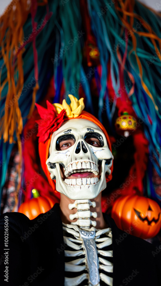 Smiling Skeleton in Dia de los Muertos Costume