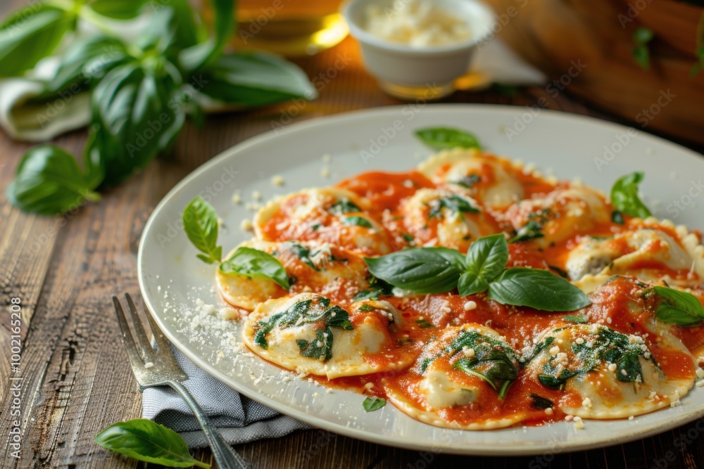 A delicious plate of spinach and ricotta stuffed ravioli with a creamy tomato sauce, garnished with fresh basil. Copy space A delicious plate of spinach and ricotta stuffed ravioli with a creamy tomato sauce, garnished with fresh basil. Copy space