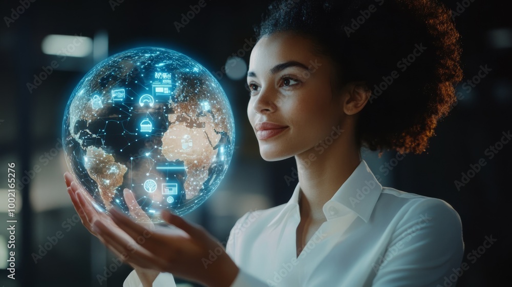 Naklejka premium A focused woman holds a holographic globe, symbolizing global connectivity and technological advancement.