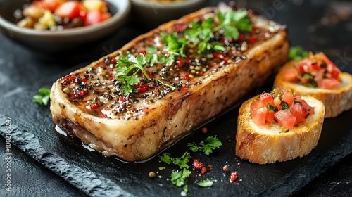 Roasted Beef or Veal Marrow Served with Crostini and Pickled Vegetables on a Sleek Black Stone Plate