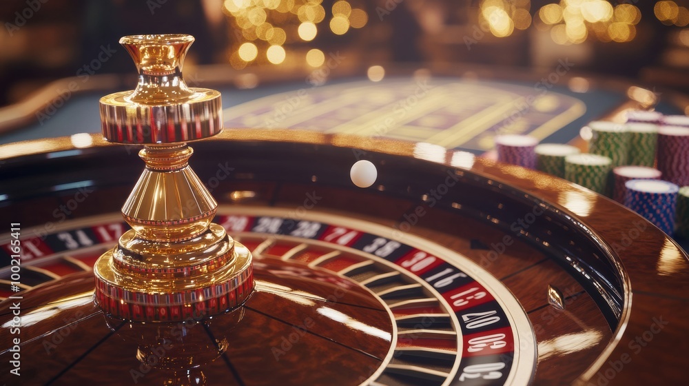 A close-up view of a roulette wheel spinning, with the ball bouncing between numbers and chips scattered across the casino table. Generative AI A close-up view of a roulette wheel spinning, with the ball bouncing between numbers and chips scattered across the casino table. Generative AI