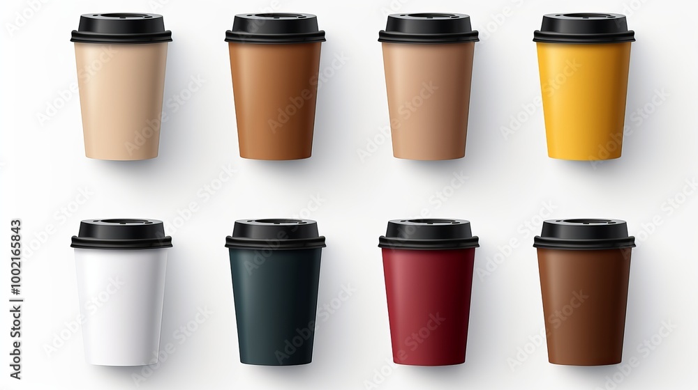 Varied coffee cups arranged in a grid on a minimalist background showcasing different colors Varied coffee cups arranged in a grid on a minimalist background showcasing different colors