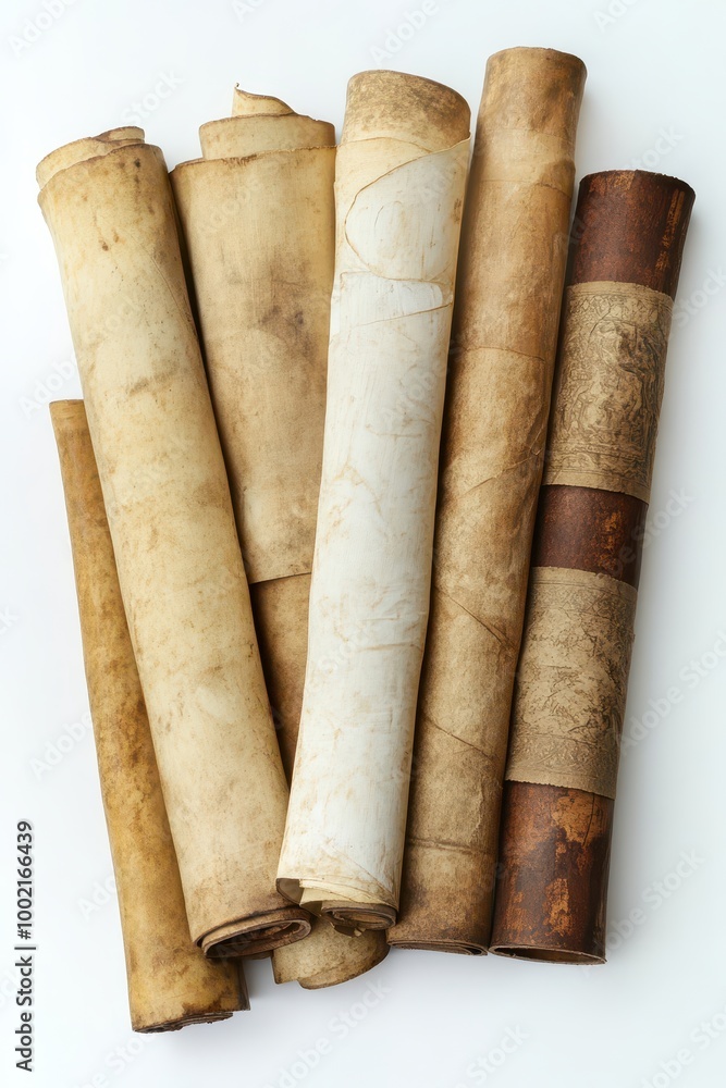 Ancient Scrolls Collection on White Background - Historical Manuscripts and Vintage Documents