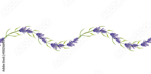 Spa Theme in Purple Tones. Lavender Sprigs. Seamless Banner. Watercolor illustration. For Design and Decoration Postcards, Web, Posters, Compositions, Blog. photo