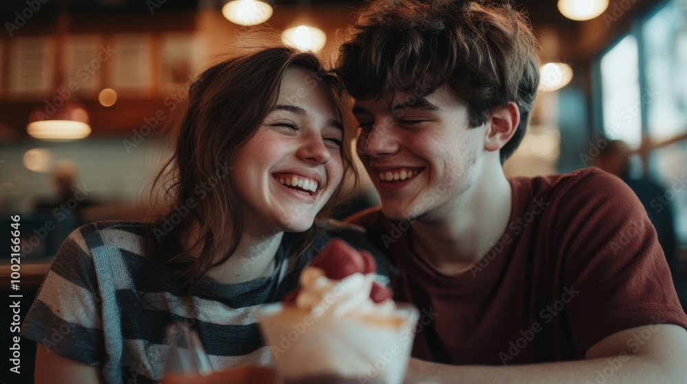 A joyful young couple sharing a moment together in a cozy cafe, smiling at each other while enjoying a dessert. A joyful young couple sharing a moment together in a cozy cafe, smiling at each other while enjoying a dessert.