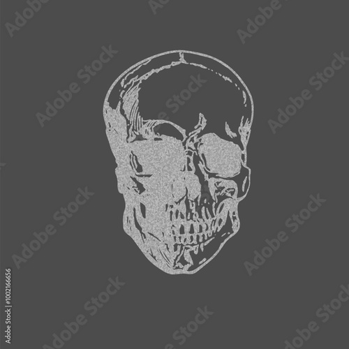 Vector in the style of a photocopy with a human skull on a black background