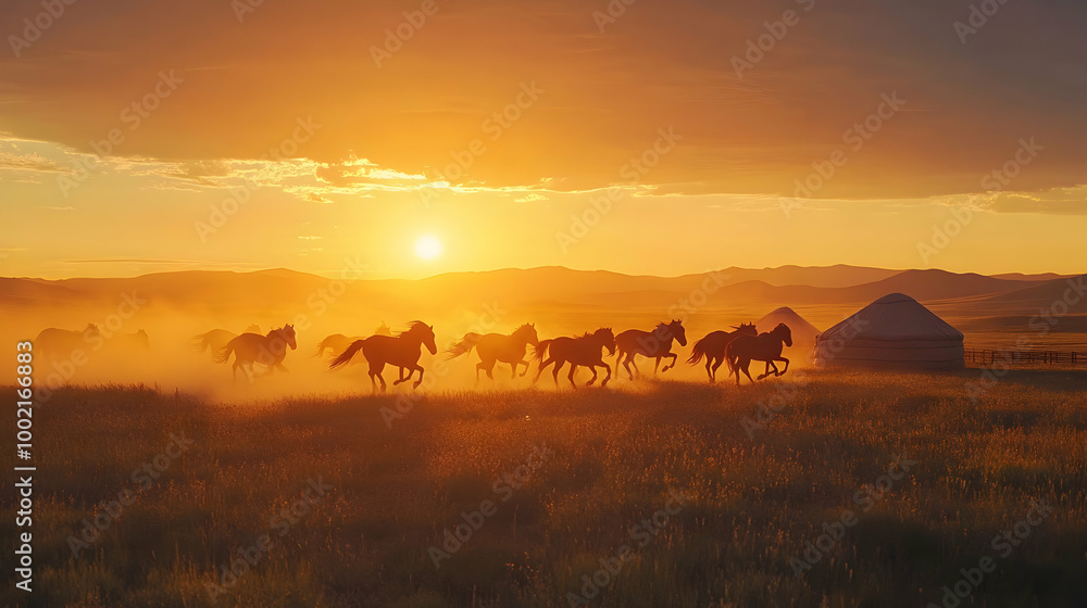 Fototapeta premium Wild Horses Galloping at Sunset in the Mongolian Steppes