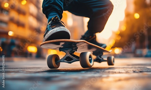 Low angle view of skateboarder's feet on board in urban setting.