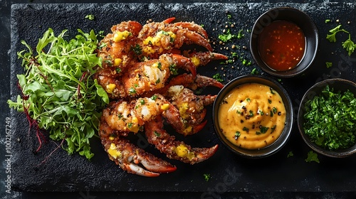 Delectable Fried Soft Shell Crab Dish with Tangy Remoulade Served on Elegant Black Stone Plate