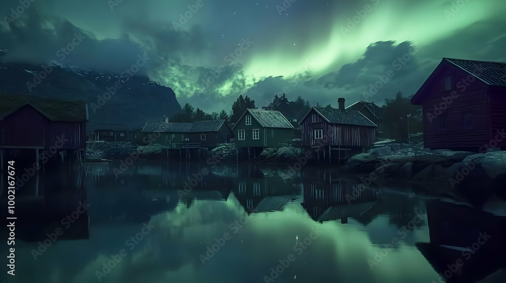 Fototapeta premium Northern Lights Reflecting on Calm Water in a Norwegian Village