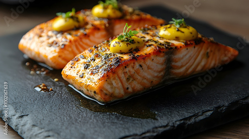 Grilled Salmon on Cedar Plank with Herb Butter Served on Elegant Black Stone Plate