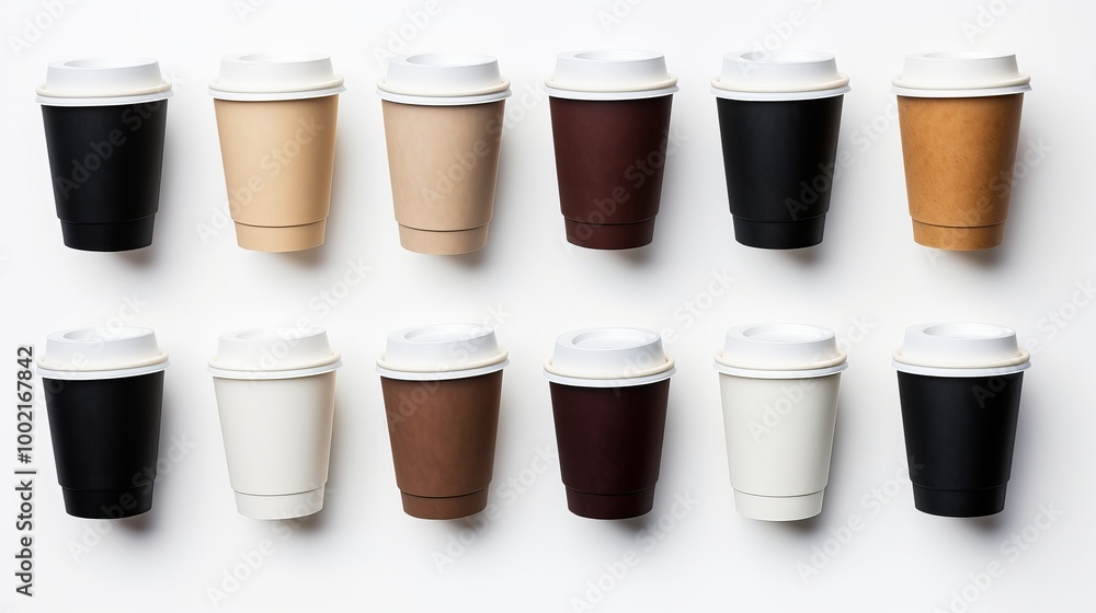 A diverse array of reusable coffee cups in various colors arranged neatly on a white background A diverse array of reusable coffee cups in various colors arranged neatly on a white background