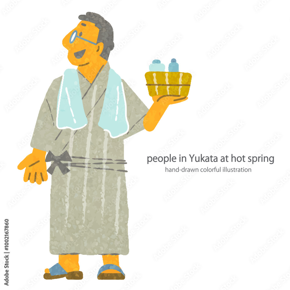 温泉客　お洒落でカラフルな手描き風イラスト