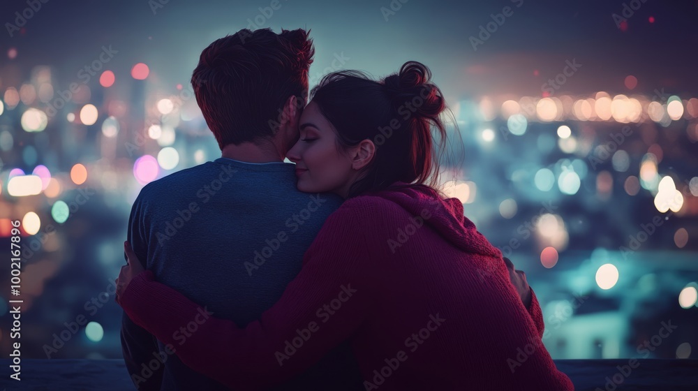 A couple embraces while overlooking a vibrant city skyline at night, creating a romantic and intimate atmosphere. A couple embraces while overlooking a vibrant city skyline at night, creating a romantic and intimate atmosphere.