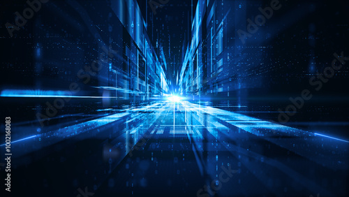 Blue digital data stream rushes through a futuristic high-tech network, symbolizing fast data transfer, connectivity, Technology innovation, and digital infrastructure, 3D Rendering