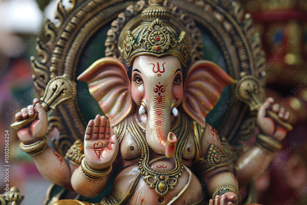 Fototapeta premium Beautiful greeting card with bright holiday composition for happy celebrate Ganesh Chaturthi