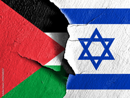 Both the Israeli flag and the Palestinian flag are made from paint crackle patterns. Concept illustration depicting the conflict war between Palestine and Israel. double exposure hologram