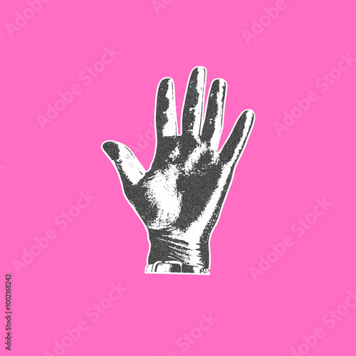 Photocopied illustration of a human hand with an open palm and fingers on a pink background.