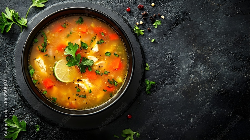 Sopa de Lima Flavorful Lime Infused Chicken or Seafood Soup in Elegant Black Bowl Sopa de Lima Flavorful Lime Infused Chicken or Seafood Soup in Elegant Black Bowl