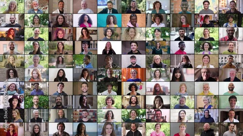Multiscreen of 100 people smiling, diverse backgrounds