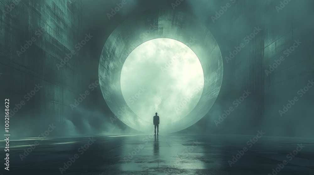 A solitary figure stands before a large circular opening in fog. A solitary figure stands before a large circular opening in fog.
