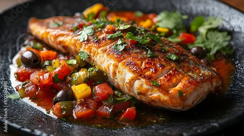 Flavorful Red Snapper in Veracruzana Sauce Elegantly Plated on Black Stone Dish photo