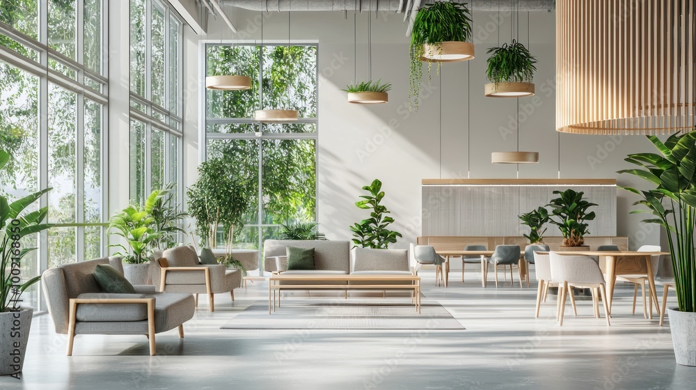 A bright and airy open workspace with plants, modern furniture, and a variety of seating options for different working styles.