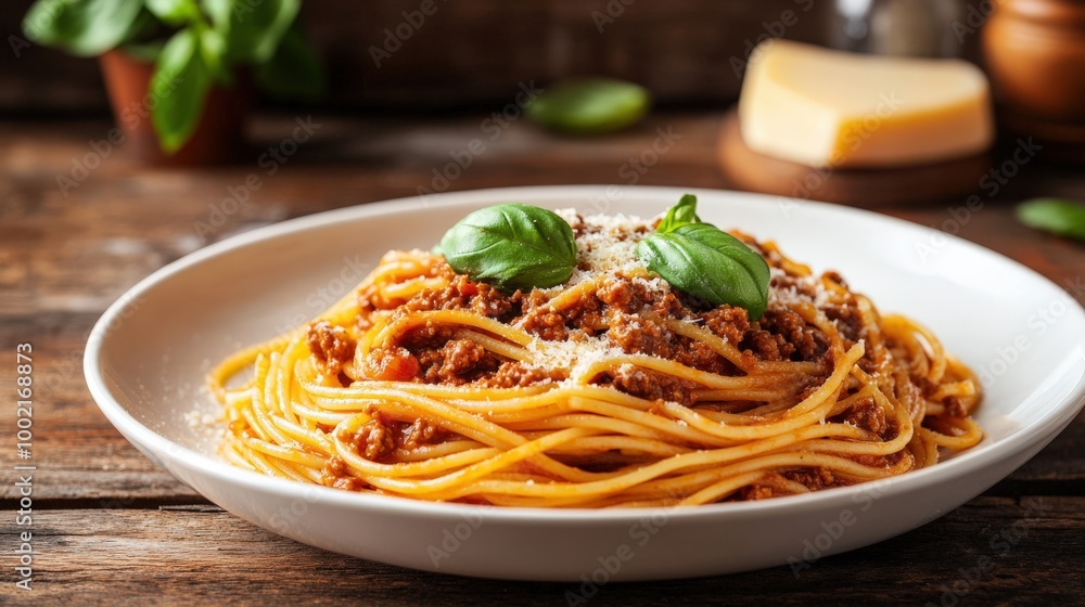 Bolognese Pasta on Wooden Table with Basil and Cheese Garnish Bolognese Pasta on Wooden Table with Basil and Cheese Garnish