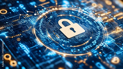 Cybercrime prevention with a lock symbol in a futuristic grid, surrounded by binary code and network nodes, representing strong online security